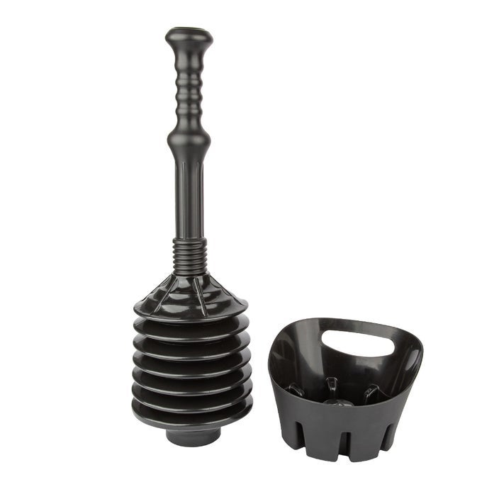 BLACK BELLOWS ACCORDION TOILET PLUNGER WITH BLACK STORAGE TRAY
