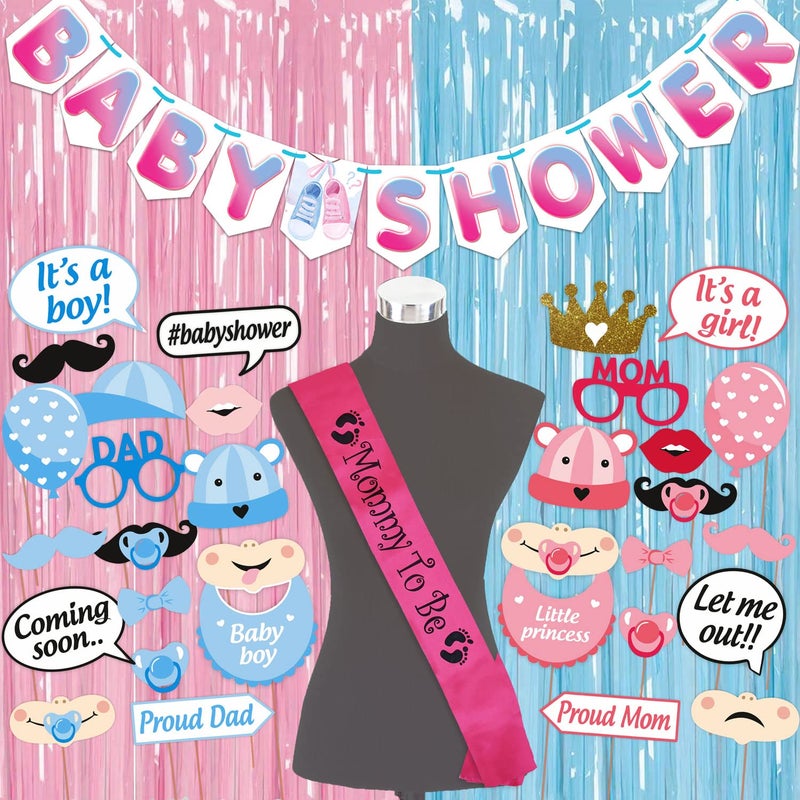Wobbox Baby Shower Decoration Items| Baby Shower Ceremony Photo Booth Props for Photoshoot, Baby Shower Banner, Mom to Be Sash& Backdrop Foil Curtain, Godh Bharai Ceremony Decoration Kit-(FP1991) - Image 1