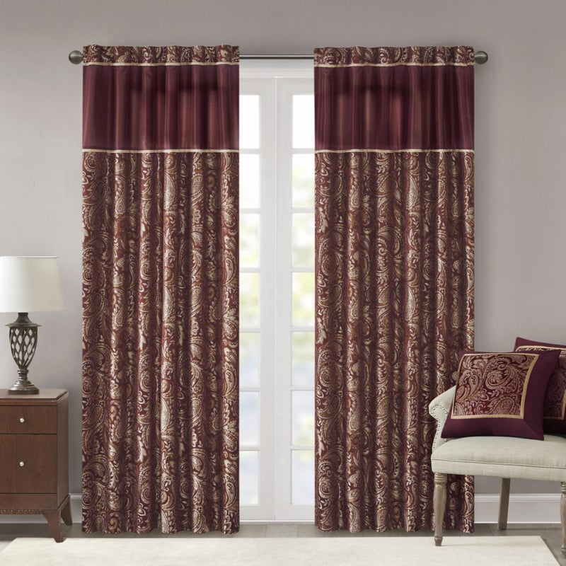 Madison Park Aubrey 2 Panel Curtain Faux Silk Paisley Jacquard, Rod Pocket Curtain for Living Room, Kitchen, Room Darkening Window Drape for Bedroom and Dorm, 2-PK 50x95, Burgundy - Image 1