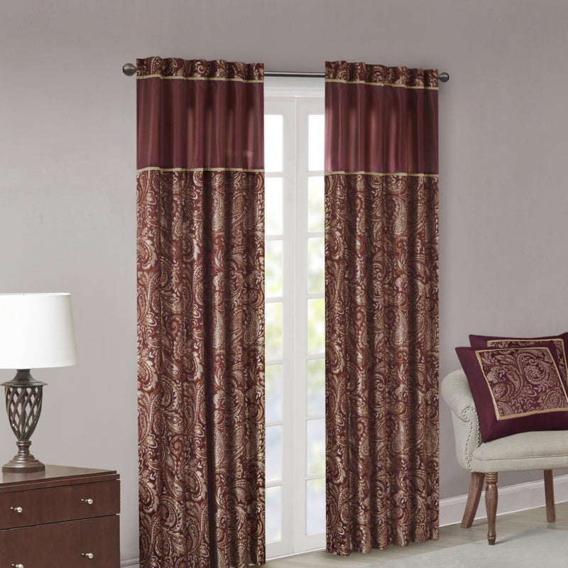 Madison Park Aubrey 2 Panel Curtain Faux Silk Paisley Jacquard, Rod Pocket Curtain for Living Room, Kitchen, Room Darkening Window Drape for Bedroom and Dorm, 2-PK 50x95, Burgundy - Image 2