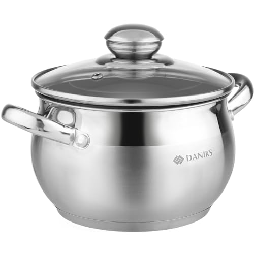 Daniks Classic 2 Quart Stainless Steel Stock Pot with Glass Lid, Tri-Ply Bottom for Even Heating, Induction Compatible, Dishwasher Safe - Image 1