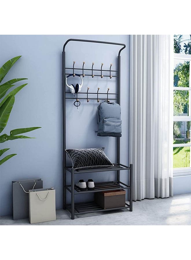 Arabest Coat Hanger with Hook, Shoe Rack, Freestanding Metal Coat Hanger with 3-layer Shoe Rack, Hat Umbrella Rack (black) - Image 1