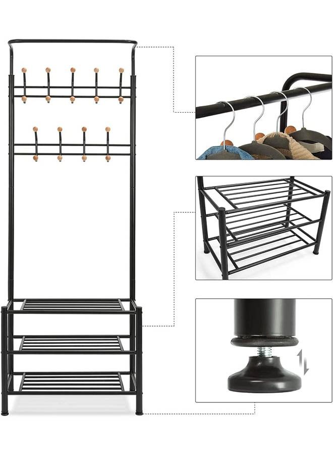 Arabest Coat Hanger with Hook, Shoe Rack, Freestanding Metal Coat Hanger with 3-layer Shoe Rack, Hat Umbrella Rack (black) - Image 4