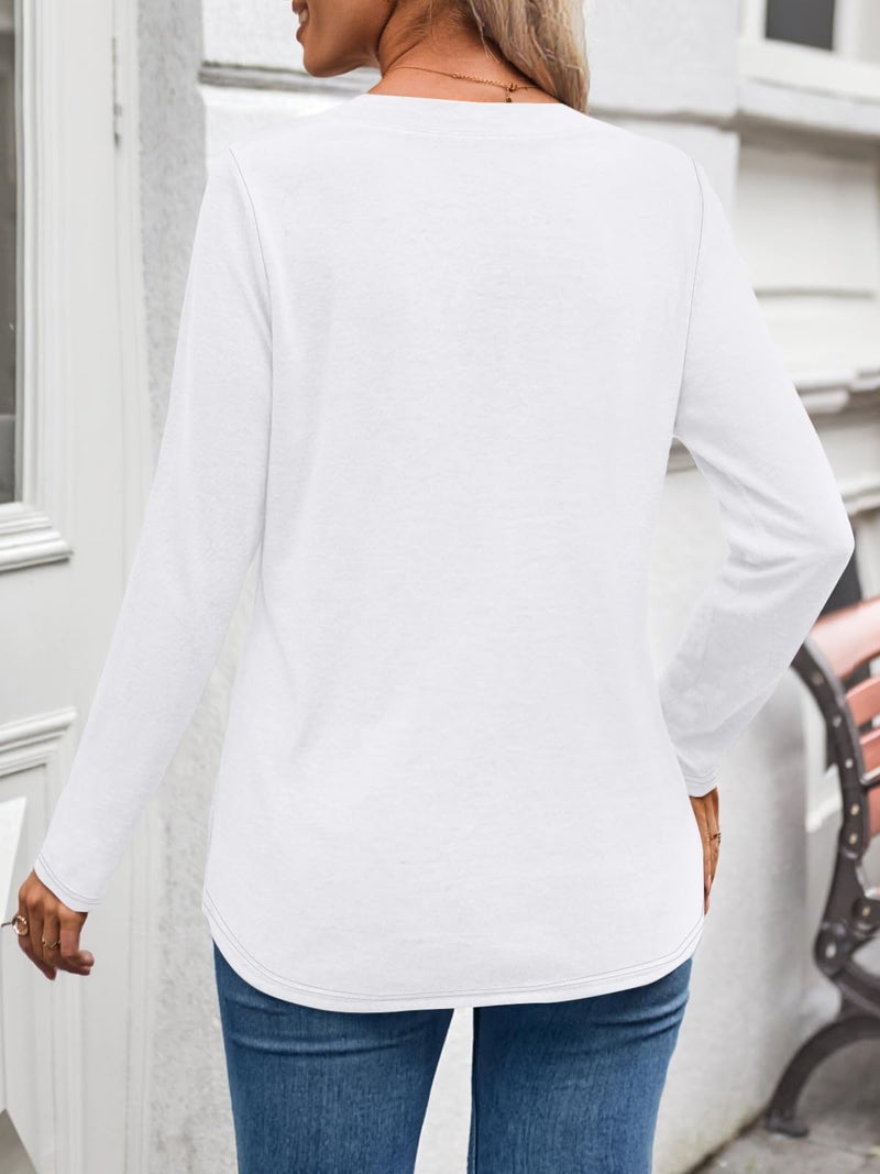 WYNNQUE Womens Long Sleeve Shirts Business Casual Outfits Dressy Tops Blouses Henley V Neck Fall Clothes White S - Image 4