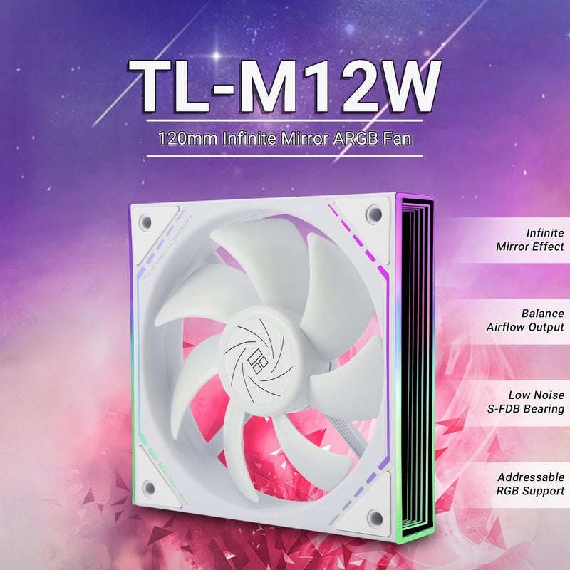 ثيرمالرايت مروحة معالجة Thermalright TL-M12W بقطر 120 مم وتأثير إضاءة ARGB، سرعة 1500 دورة في الدقيقة، هيكل كمبيوتر أبيض، تشغيل هادئ بواسطة تقنية PWM ذات 4 أطراف، محمل من نوع S-FDB، وتأثير إضاءة ARGB على الجانب. - Image 2