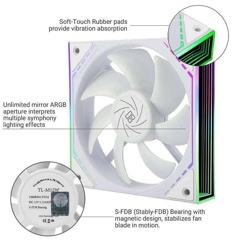 ثيرمالرايت مروحة معالجة Thermalright TL-M12W بقطر 120 مم وتأثير إضاءة ARGB، سرعة 1500 دورة في الدقيقة، هيكل كمبيوتر أبيض، تشغيل هادئ بواسطة تقنية PWM ذات 4 أطراف، محمل من نوع S-FDB، وتأثير إضاءة ARGB على الجانب. - Image 4