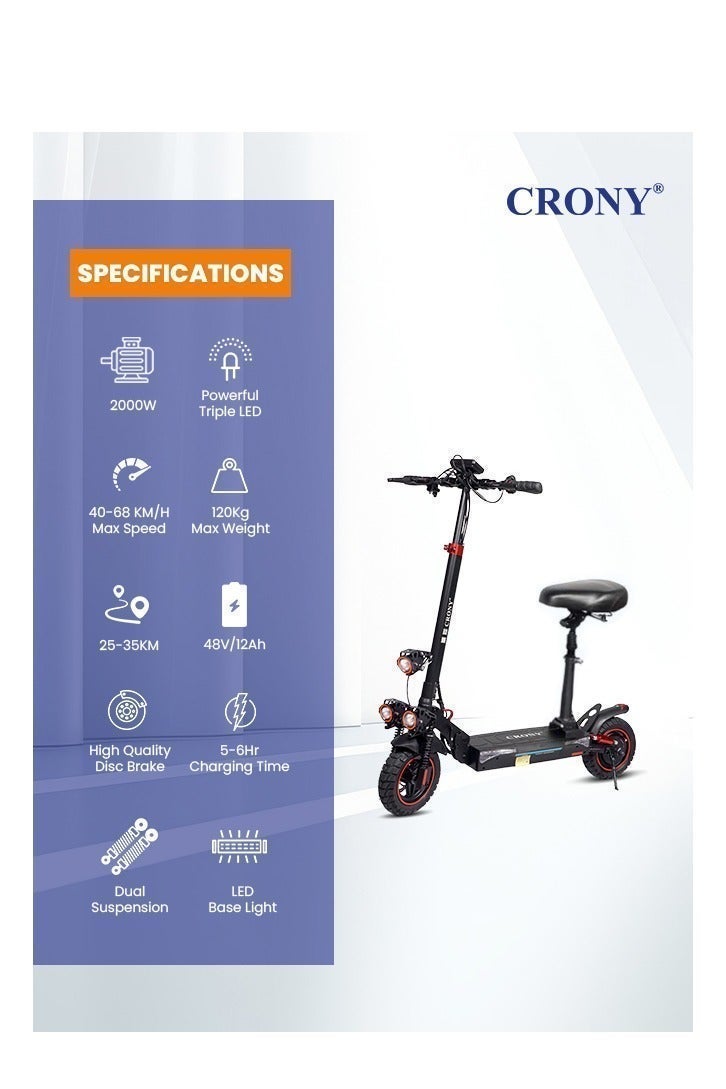 Crony T4 2000W high Speed Adult E-Scooter 48V/13AH, Max40-65km/h,10" Off Road Tyres,Dual Suspension＆Hydraulic Disc, Triple LED Headlamps, Big LCD Display, Easy Foldable Electric Commuter Skateboard,Smart Lock Motorized ebike,Long Range25-35KM, lightweight 25KG Aluminum frame,120KG Load Capacity Commuter Electric Scooter - Image 2