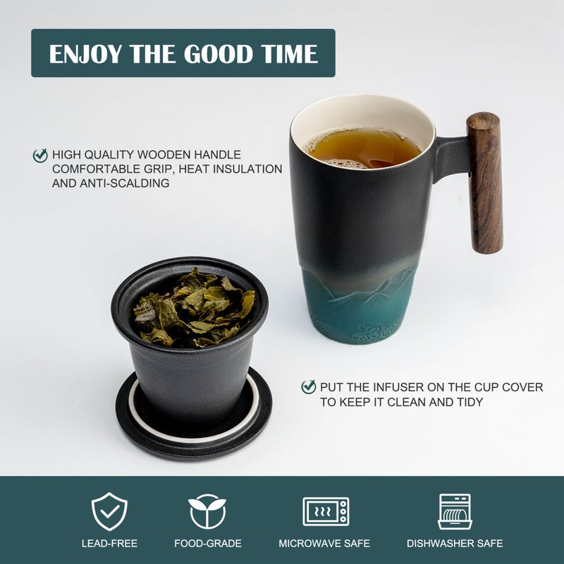 suyika Ceramic Tea Cup with Infuser and Lid Tea Mugs Wooden Handle 400ml/13.5oz Dark Green - Image 3