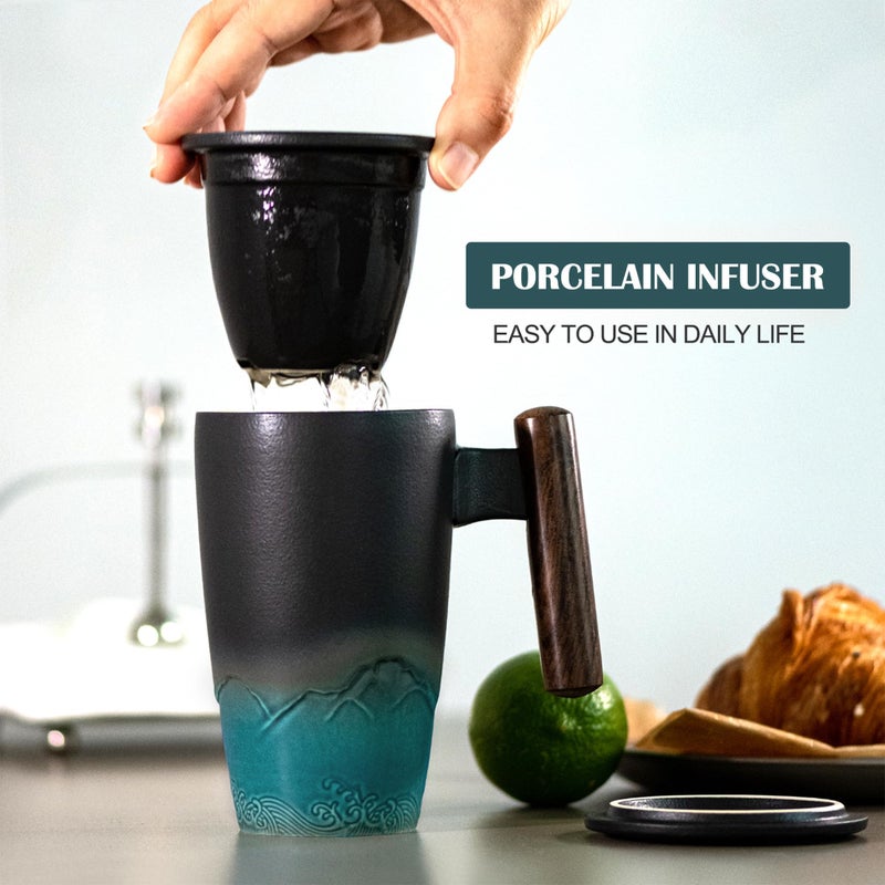 suyika Ceramic Tea Cup with Infuser and Lid Tea Mugs Wooden Handle 400ml/13.5oz Dark Green - Image 2