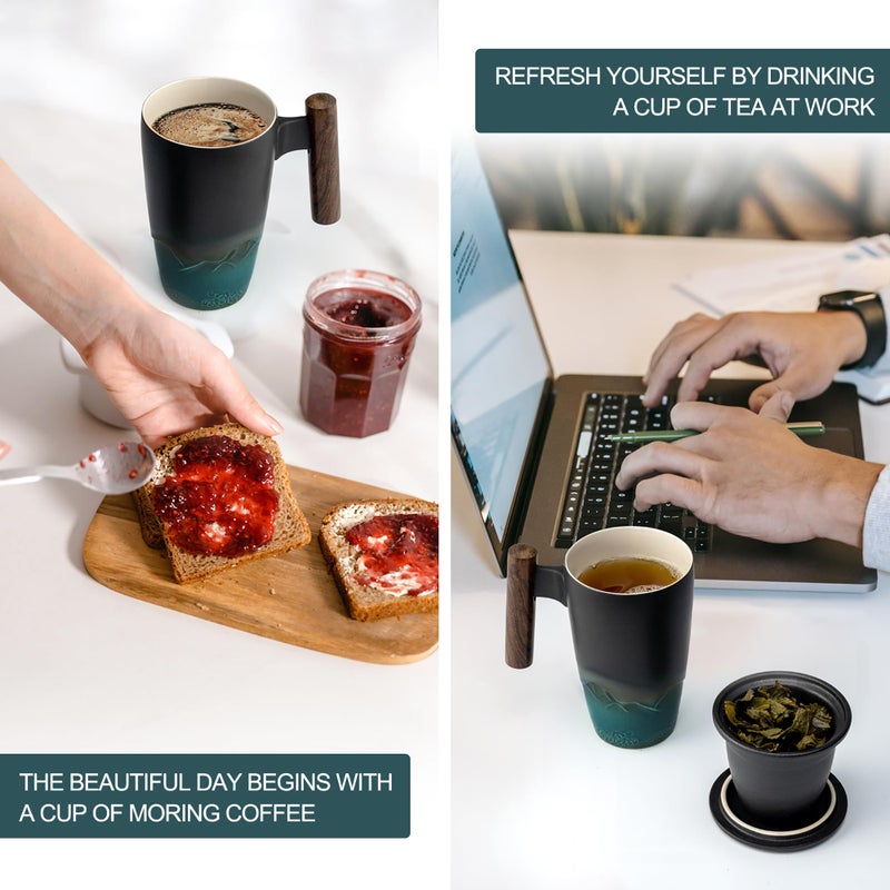 suyika Ceramic Tea Cup with Infuser and Lid Tea Mugs Wooden Handle 400ml/13.5oz Dark Green - Image 5