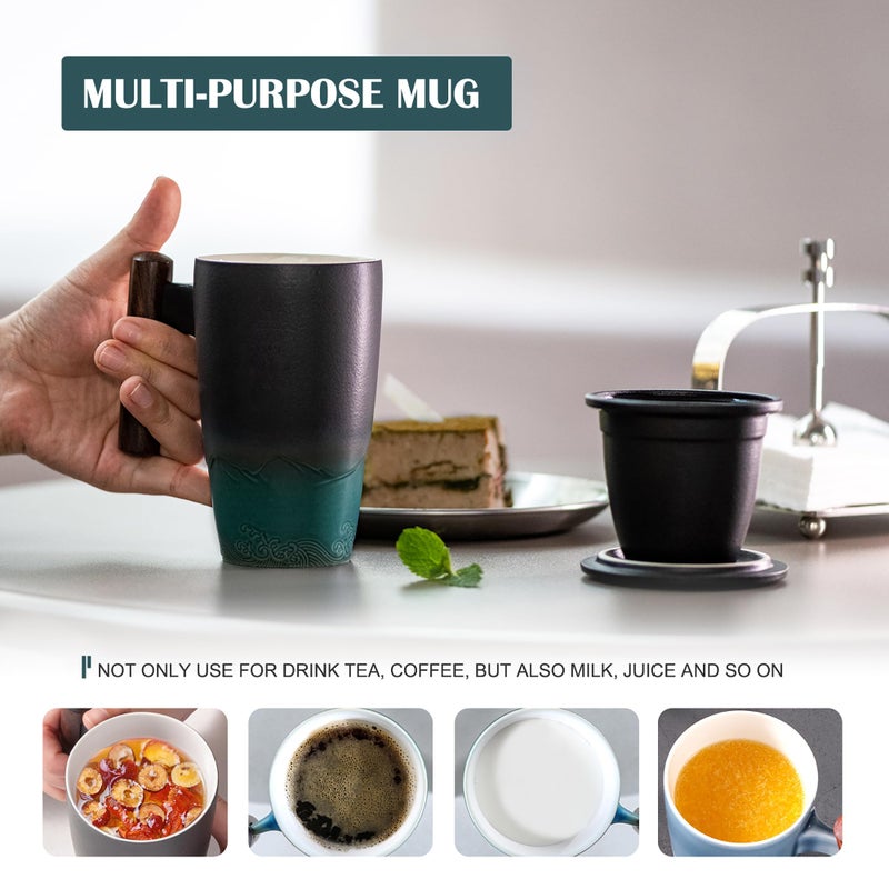 suyika Ceramic Tea Cup with Infuser and Lid Tea Mugs Wooden Handle 400ml/13.5oz Dark Green - Image 4