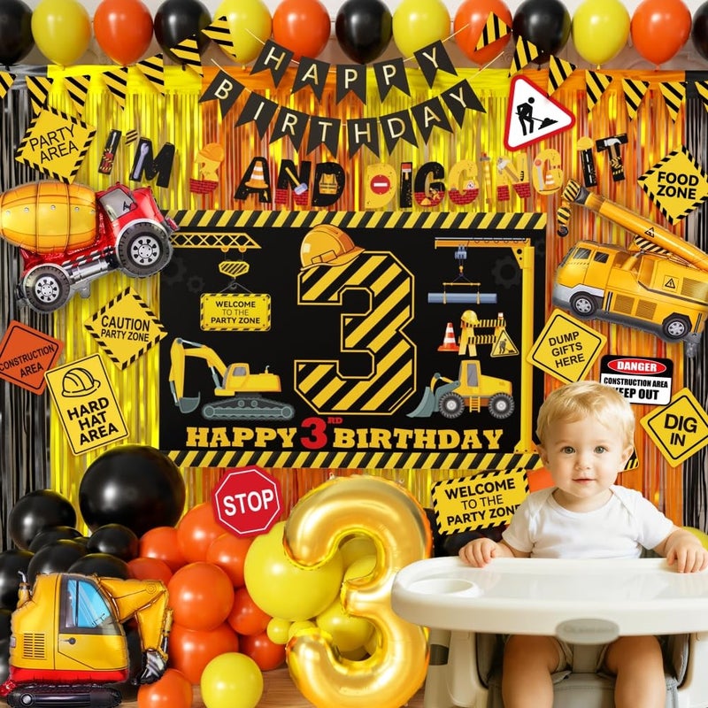 REZIPO Construction Boys 3 Year Old Boy Birthday Decorations 3rd And Digging It Tractor Truck Birthday Party Supplies with Arch Kit Garland Balloons Signs Third Backdrop Banners (Construction) - Image 3