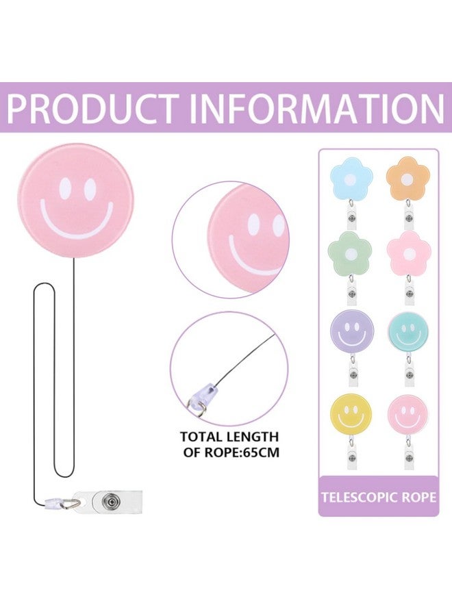 Whaline 8Pcs Flower And Smile Badge Reel With Clips And Retractable Cord Preppy Party Colors Nurse Id Badge Reel Name Tag Badge Holder For Office School Hospital Nurses Doctors Teachers Favor - Image 3