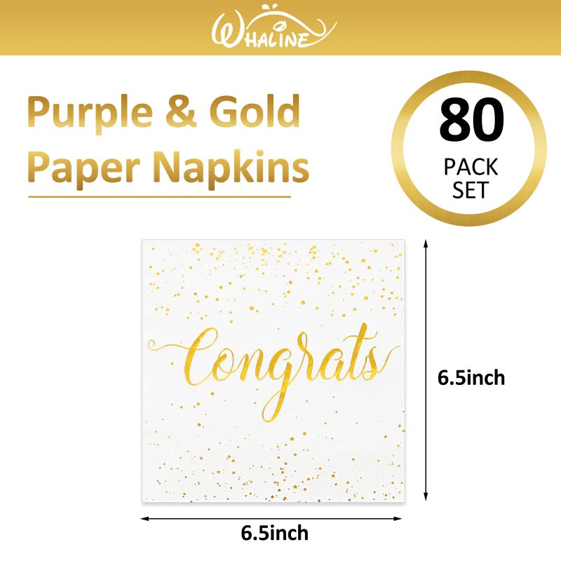 Whaline 80Pcs Congratulation Paper Napkin Gold Foil Congrats Dinner Napkin White Graduation Party Disposable Lunch Napkins for Engagement Baby Shower Celebration Party - Image 1