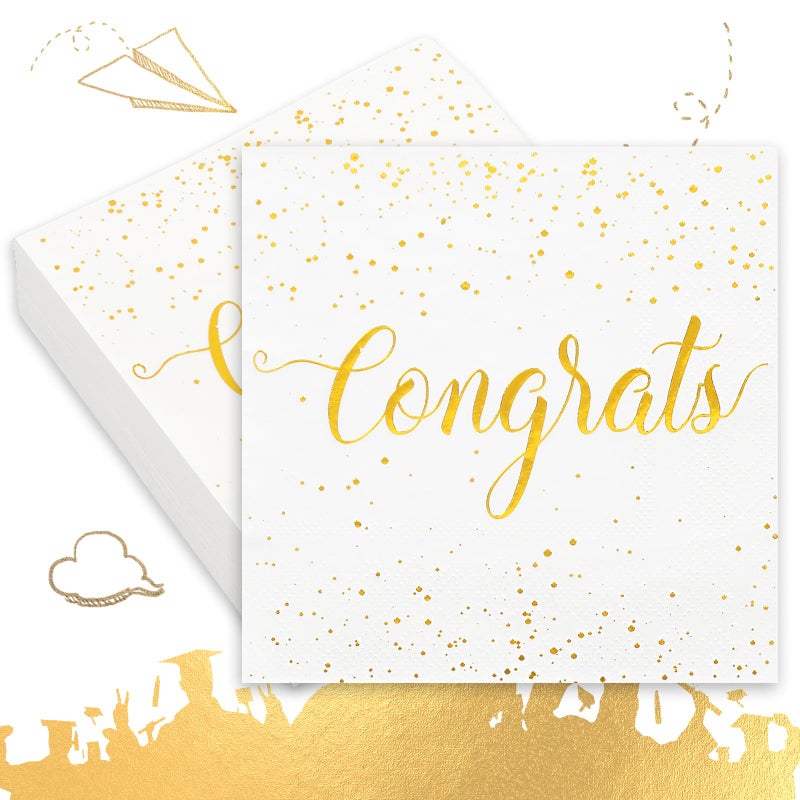 Whaline 80Pcs Congratulation Paper Napkin Gold Foil Congrats Dinner Napkin White Graduation Party Disposable Lunch Napkins for Engagement Baby Shower Celebration Party - Image 2