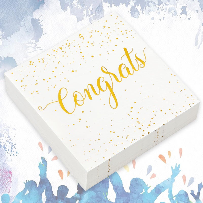 Whaline 80Pcs Congratulation Paper Napkin Gold Foil Congrats Dinner Napkin White Graduation Party Disposable Lunch Napkins for Engagement Baby Shower Celebration Party - Image 3