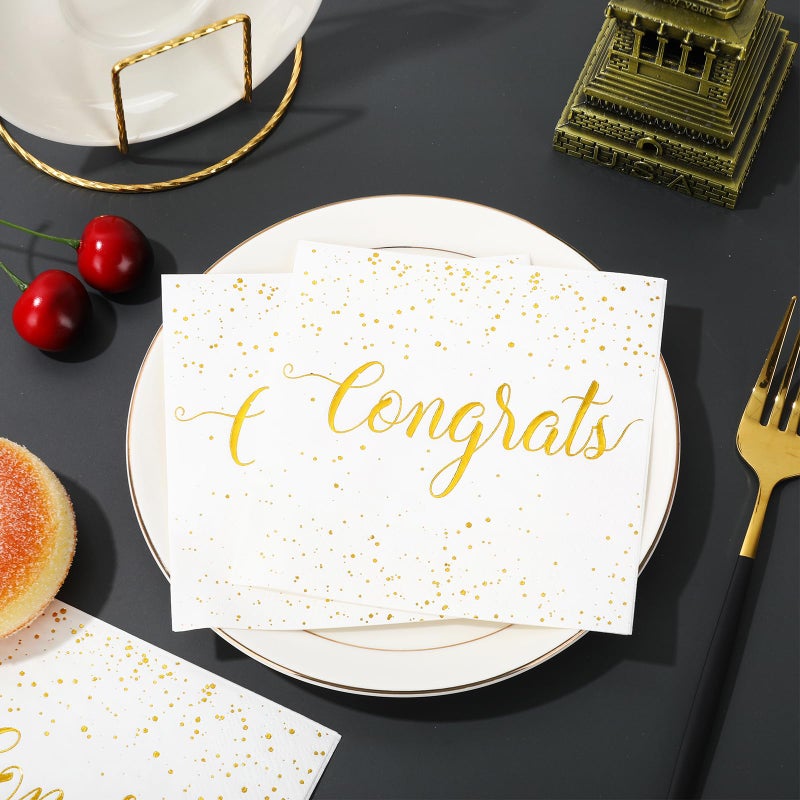 Whaline 80Pcs Congratulation Paper Napkin Gold Foil Congrats Dinner Napkin White Graduation Party Disposable Lunch Napkins for Engagement Baby Shower Celebration Party - Image 4