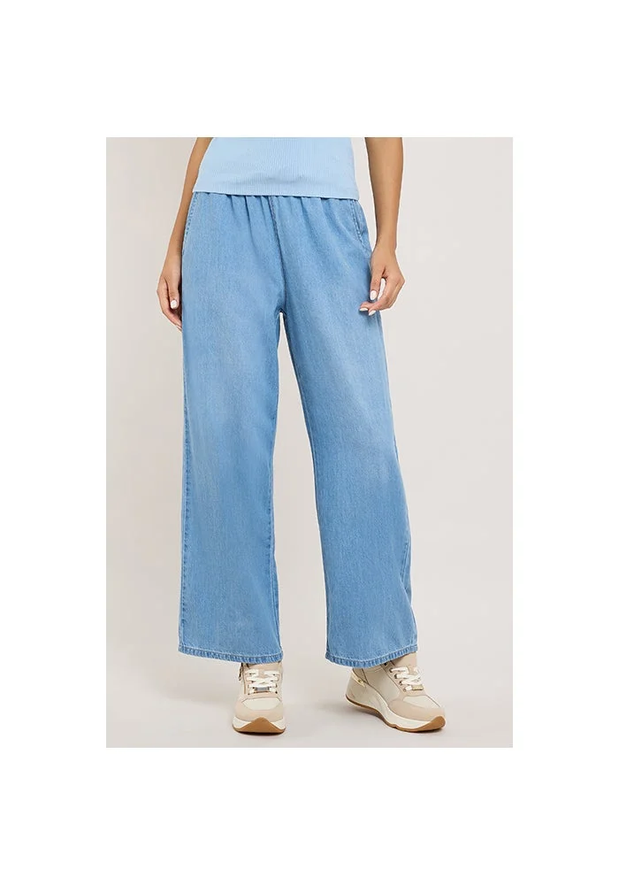 Washed Denim Pants with Drawstring Waist