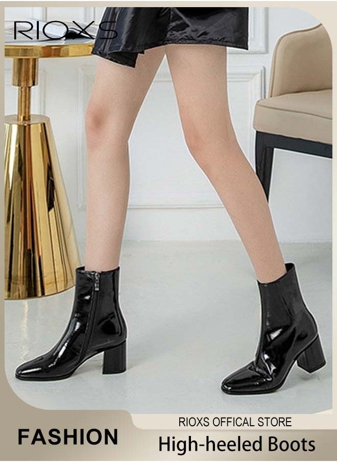 RIOXS Women's Ankle Boots, High-heeled Western Cowboy Boots, Ladies Solid Color Ankle Booties, Simple Fashion Suqre Round Toe Leather Boots, Spring Autumn Winter Pump Shoes, Chunky Heel Side Zipper Boots For Women  - Image 5