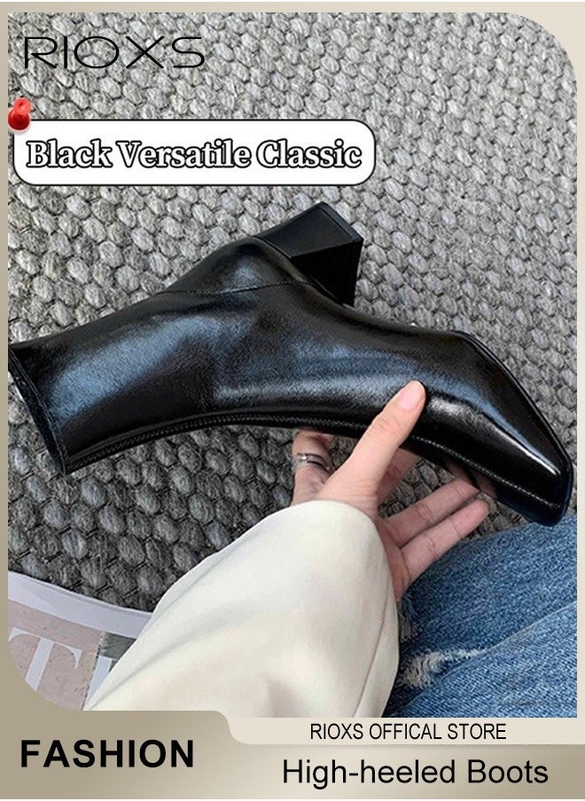RIOXS Women's Ankle Boots, High-heeled Western Cowboy Boots, Ladies Solid Color Ankle Booties, Simple Fashion Suqre Round Toe Leather Boots, Spring Autumn Winter Pump Shoes, Chunky Heel Side Zipper Boots For Women  - Image 3