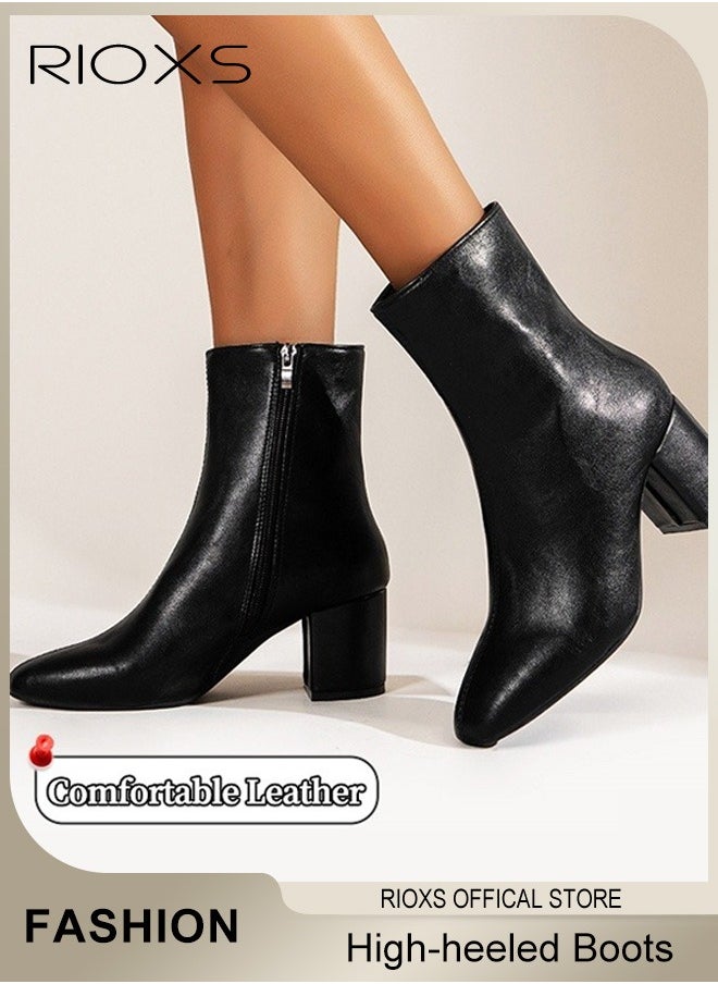 RIOXS Women's Ankle Boots, High-heeled Western Cowboy Boots, Ladies Solid Color Ankle Booties, Simple Fashion Suqre Round Toe Leather Boots, Spring Autumn Winter Pump Shoes, Chunky Heel Side Zipper Boots For Women  - Image 2