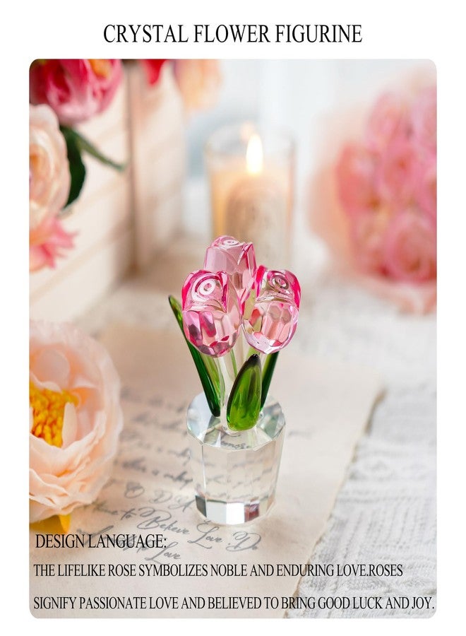 KRISININE 3.2 * 2in Crystal Pink Rose Flower Figurine Romantic Gifts for Wife Girlfriend Mom on Birthday Wedding Home Christmas Decorations - Image 3