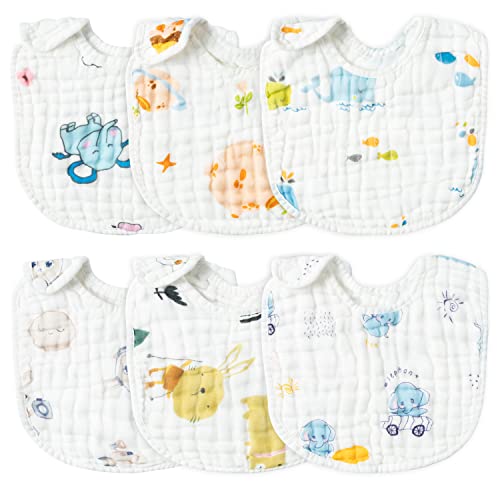 Zainpe 6Pcs Snap Muslin Cotton Baby Bibs Elephant Whale Rabbit Pattern Feeding Bib Adjustable Machine Washable Unisex Burp Cloths with 6 Absorbent & Soft Layers for Boys Girls Drooling Teething Eating - Image 1