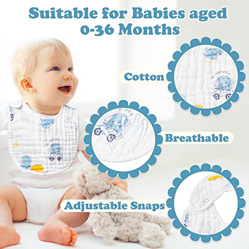 Zainpe 6Pcs Snap Muslin Cotton Baby Bibs Elephant Whale Rabbit Pattern Feeding Bib Adjustable Machine Washable Unisex Burp Cloths with 6 Absorbent & Soft Layers for Boys Girls Drooling Teething Eating - Image 3