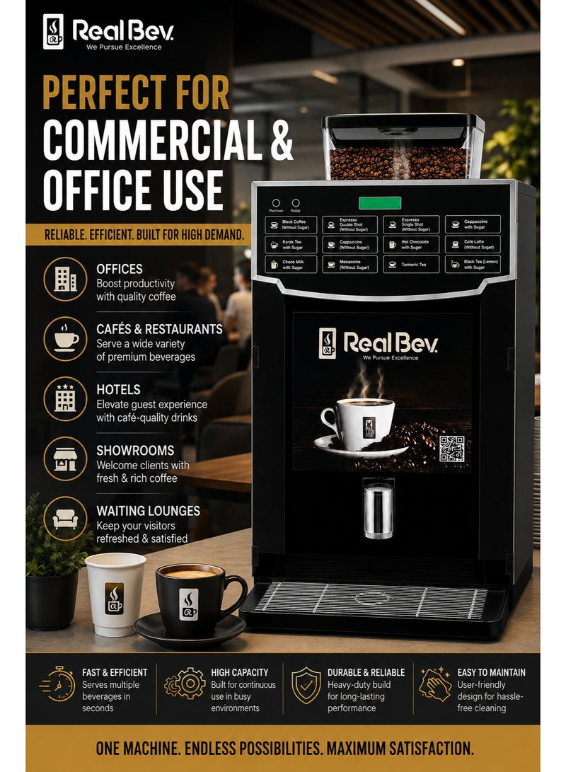 ريالبيف ماكينة قهوة RealBev بـ 12 خيارًا لحبوب البن | ماكينة قهوة أوتوماتيكية من الحبوب إلى الكوب | ماكينة إسبريسو وكابتشينو تجارية للاستخدام في المكاتب والمقاهي والمطاعم - Image 2