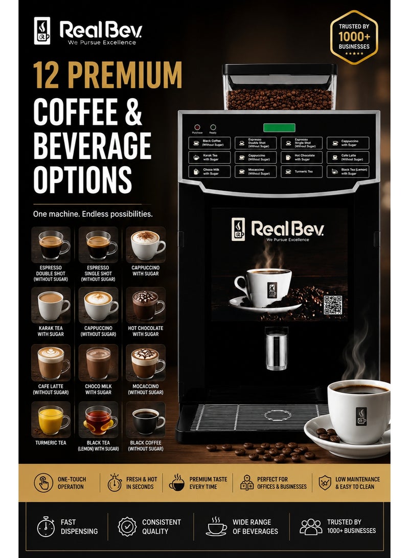 ريالبيف ماكينة قهوة RealBev بـ 12 خيارًا لحبوب البن | ماكينة قهوة أوتوماتيكية من الحبوب إلى الكوب | ماكينة إسبريسو وكابتشينو تجارية للاستخدام في المكاتب والمقاهي والمطاعم - Image 4