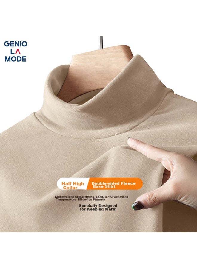 Geniolamode Men's Long Sleeve T-shirt Autumn And Winter Half High Neck Double-sided Plus Velvet Grinding Bottoming Shirt Autumn Clothes Apricot Xl - Image 1