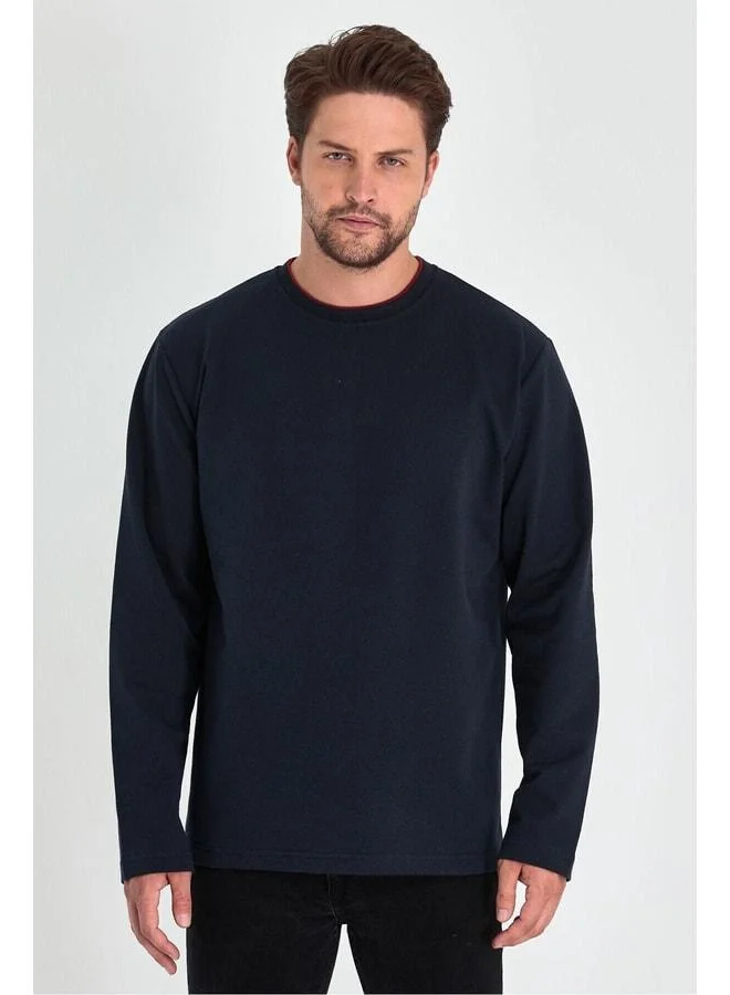 mmetalic Men's Navy Double Crew Neck Sweatshirt with Print Detail, Standard Relaxed Fit