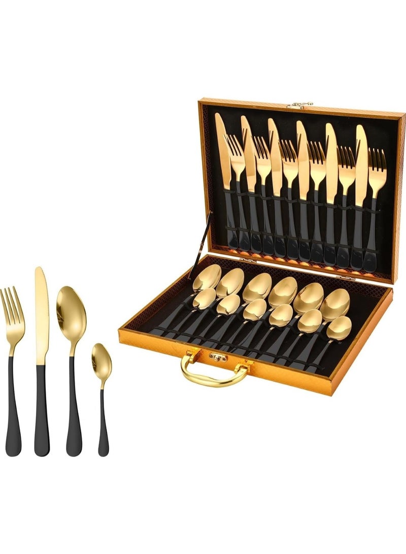 Huitich 24 Pcs Stainless Steel Reusable Spoon Fork And Knives Gold Black Color Cutlery Set - Image 2