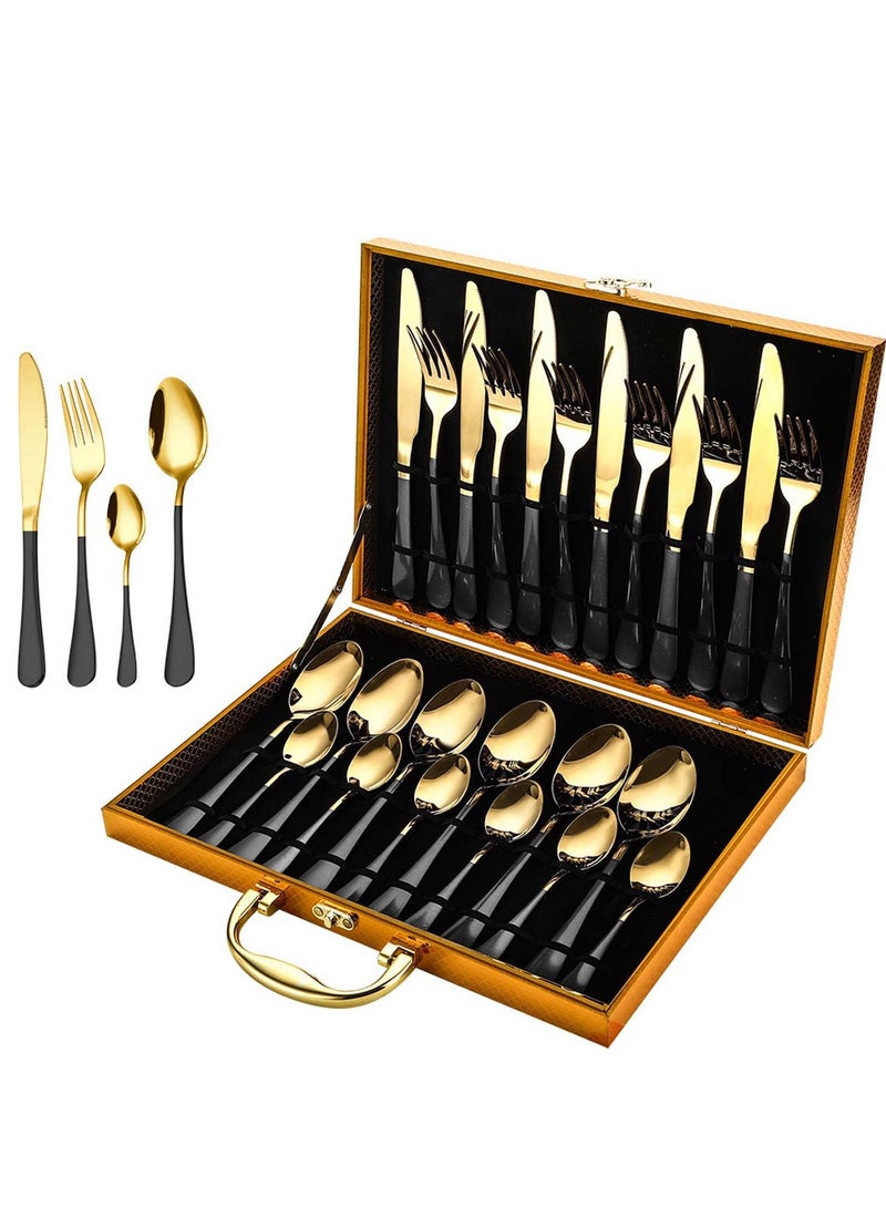 Huitich 24 Pcs Stainless Steel Reusable Spoon Fork And Knives Gold Black Color Cutlery Set - Image 1
