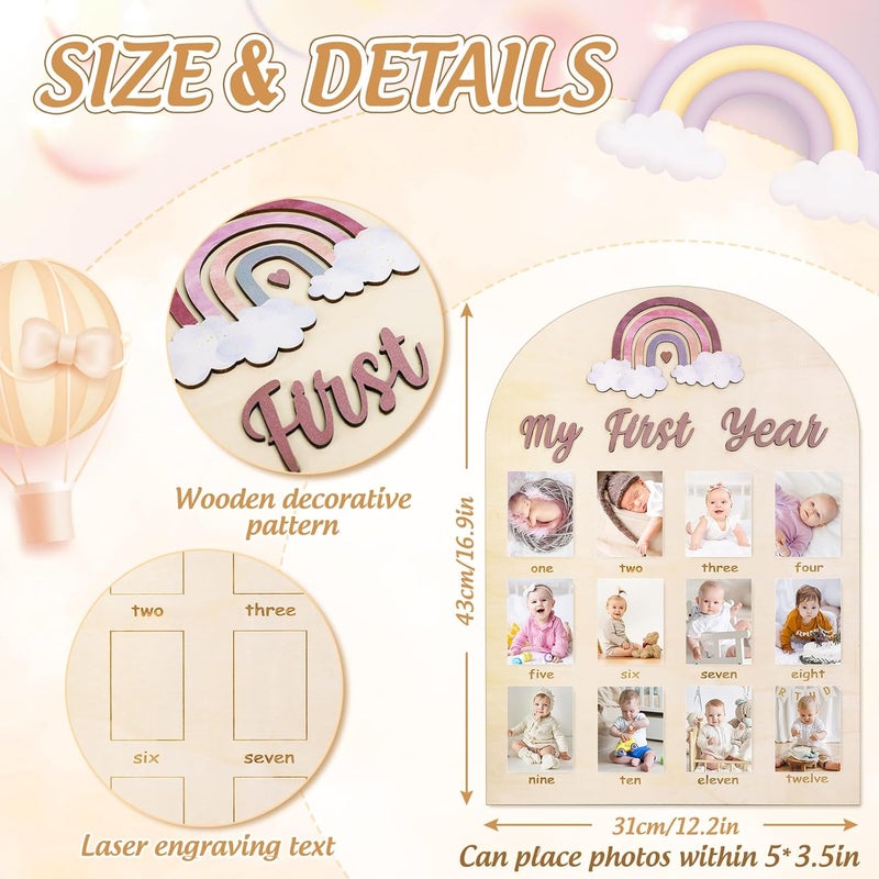 Whaline My First Year Baby Growth Photo Display Wood Board 12 Months Milestone Board Boho Rainbow Photo Frame Board for First Birthday Nursery Decor Baby Keepsake - Image 3
