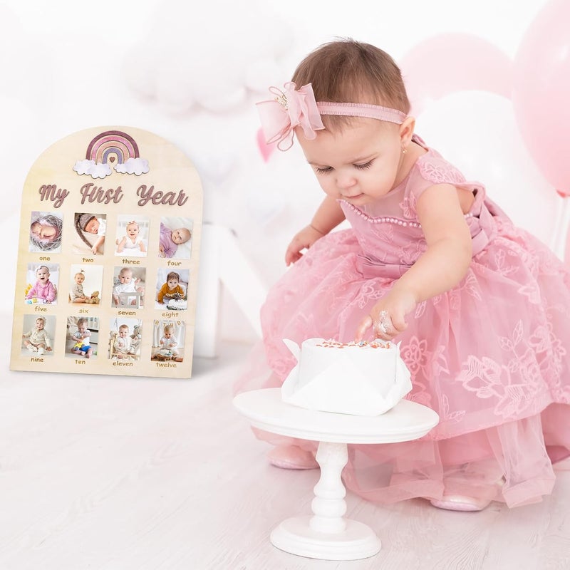 Whaline My First Year Baby Growth Photo Display Wood Board 12 Months Milestone Board Boho Rainbow Photo Frame Board for First Birthday Nursery Decor Baby Keepsake - Image 2