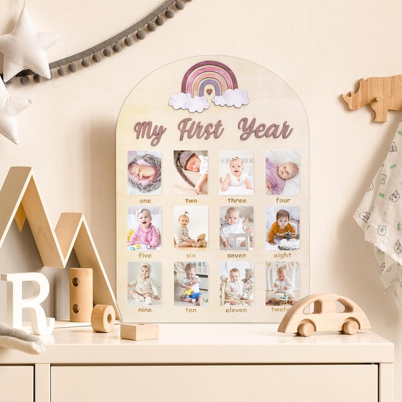 Whaline My First Year Baby Growth Photo Display Wood Board 12 Months Milestone Board Boho Rainbow Photo Frame Board for First Birthday Nursery Decor Baby Keepsake - Image 5