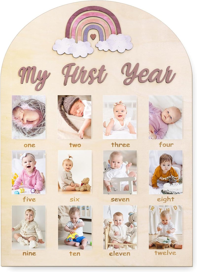 Whaline My First Year Baby Growth Photo Display Wood Board 12 Months Milestone Board Boho Rainbow Photo Frame Board for First Birthday Nursery Decor Baby Keepsake - Image 1