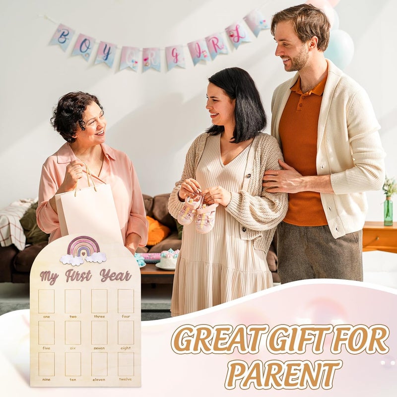 Whaline My First Year Baby Growth Photo Display Wood Board 12 Months Milestone Board Boho Rainbow Photo Frame Board for First Birthday Nursery Decor Baby Keepsake - Image 4