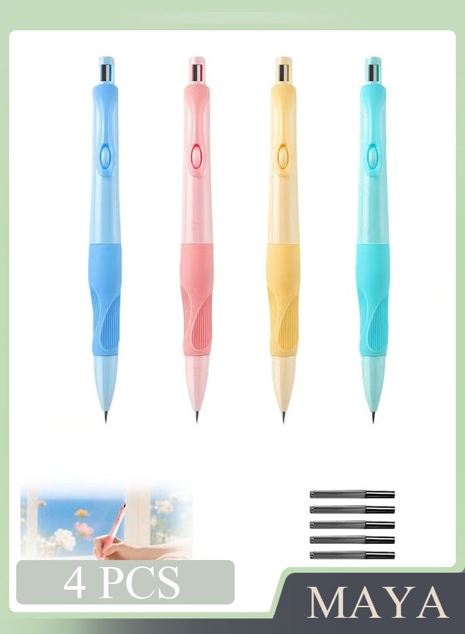 مايا ٤ أقلام رصاص أوتوماتيكية بقبضة تصحيحية، أقلام رصاص ميكانيكية مع عبوات إعادة تعبئة الرصاص وممحاة، لتدريب المبتدئين على تصحيح وضعية الكتابة - Image 1