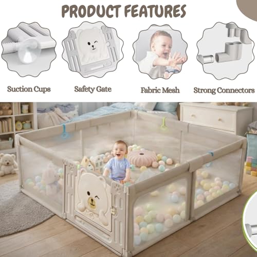 Metreno 177*118cm Playpen for Babies upto 5 year with Basketball and Football Foldable Baby Play Area Indoor Setup Play Yard Fence for Toddlers Kids Playarea Setup Outdoor Children Play Area with Gate (Grey, Mesh with basket ball) - Image 3
