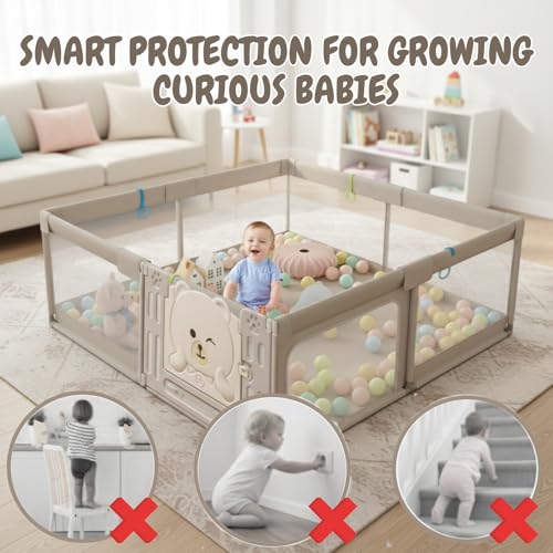 Metreno 177*118cm Playpen for Babies upto 5 year with Basketball and Football Foldable Baby Play Area Indoor Setup Play Yard Fence for Toddlers Kids Playarea Setup Outdoor Children Play Area with Gate (Grey, Mesh with basket ball) - Image 2