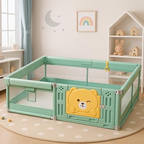 Metreno 177*118cm Playpen for Babies upto 5 year with Basketball and Football Foldable Baby Play Area Indoor Setup Play Yard Fence for Toddlers Kids Playarea Setup Outdoor Children Play Area with Gate (Grey, Mesh with basket ball) - Image 1