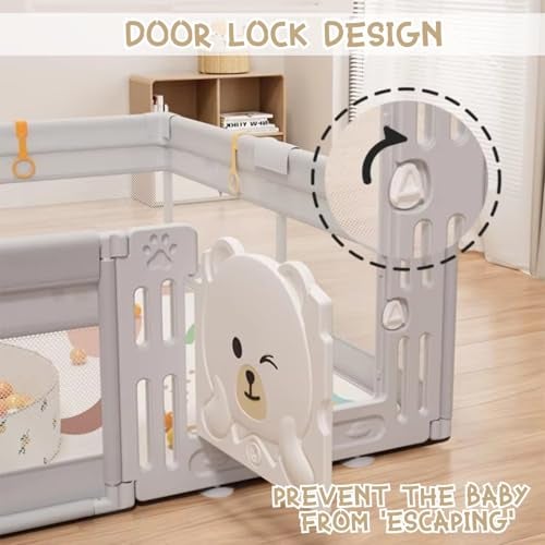 Metreno 177*118cm Playpen for Babies upto 5 year with Basketball and Football Foldable Baby Play Area Indoor Setup Play Yard Fence for Toddlers Kids Playarea Setup Outdoor Children Play Area with Gate (Grey, Mesh with basket ball) - Image 4