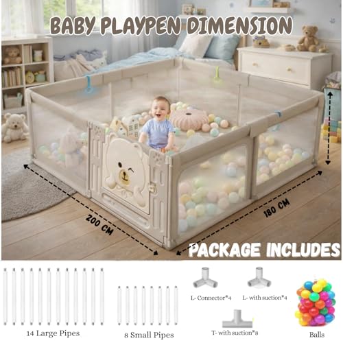Metreno 177*118cm Playpen for Babies upto 5 year with Basketball and Football Foldable Baby Play Area Indoor Setup Play Yard Fence for Toddlers Kids Playarea Setup Outdoor Children Play Area with Gate (Grey, Mesh with basket ball) - Image 5