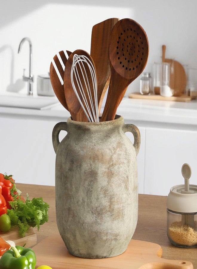 Vanselia Ceramic Flower Vase Home Decor - 7.6 Inch Farmhouse Rustic Table Vases with Handle Living Room Decoration Decorative Vintage Pottery for Kitchen Shelf Coffee Dining Bookshelf Fireplace Centerpiece - Image 4