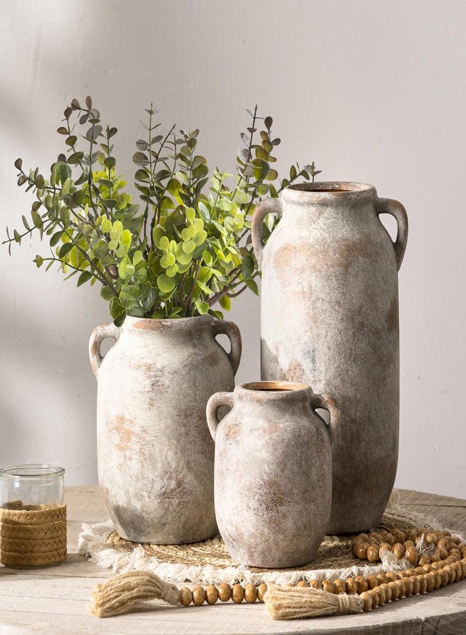 Vanselia Ceramic Flower Vase Home Decor - 7.6 Inch Farmhouse Rustic Table Vases with Handle Living Room Decoration Decorative Vintage Pottery for Kitchen Shelf Coffee Dining Bookshelf Fireplace Centerpiece - Image 3
