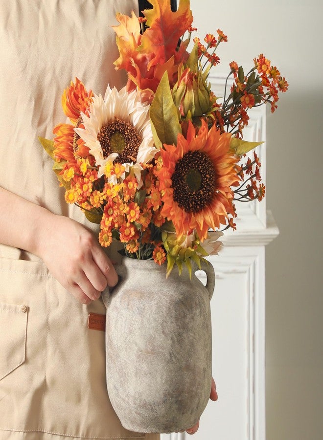 Vanselia Ceramic Flower Vase Home Decor - 7.6 Inch Farmhouse Rustic Table Vases with Handle Living Room Decoration Decorative Vintage Pottery for Kitchen Shelf Coffee Dining Bookshelf Fireplace Centerpiece - Image 5