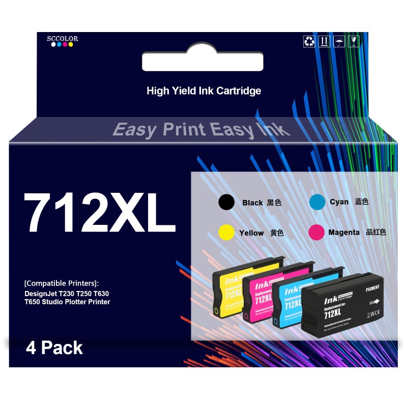 SPLENDIDCOLOR 712 Ink Cartridges High Yield 3ED67A 3ED68A 3ED69A 3ED71A Replacement for DesignJet T650 T630 T230 T210 Studio Plotter Printers4 Pack80ML Black 29ML Cyan Magenta Yellow