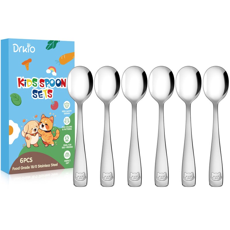 Drkio Stainless Steel Toddler Spoons Set - 6 Pieces Kids Spoons Set Children Safe Food Grade Kids Silverware Small Spoon Metal Toddler Utensils Dishwasher Safe Mirror Polished - Image 1